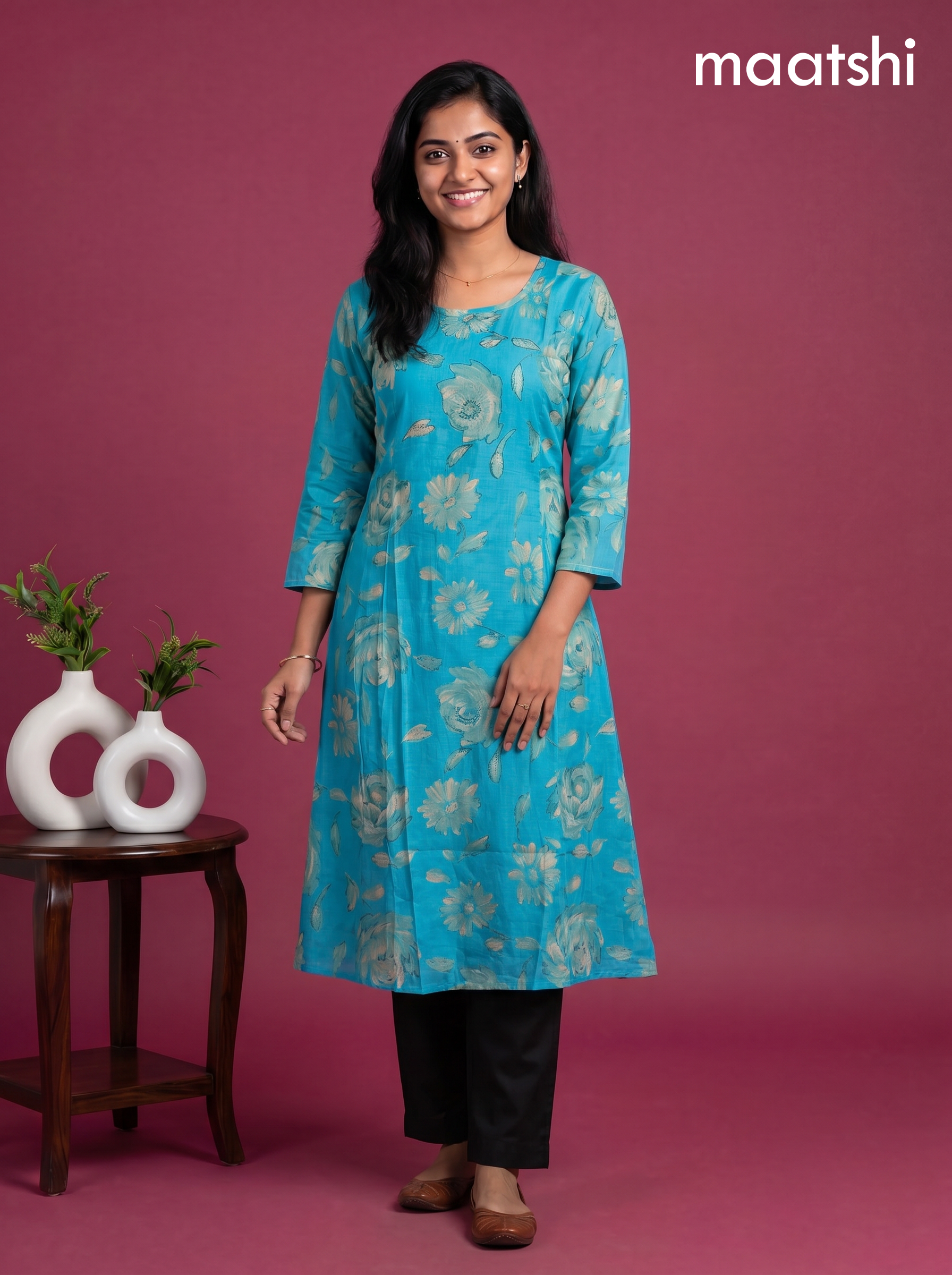 Light Blue Modal Printed & Embroidery Work A-Line Kurti