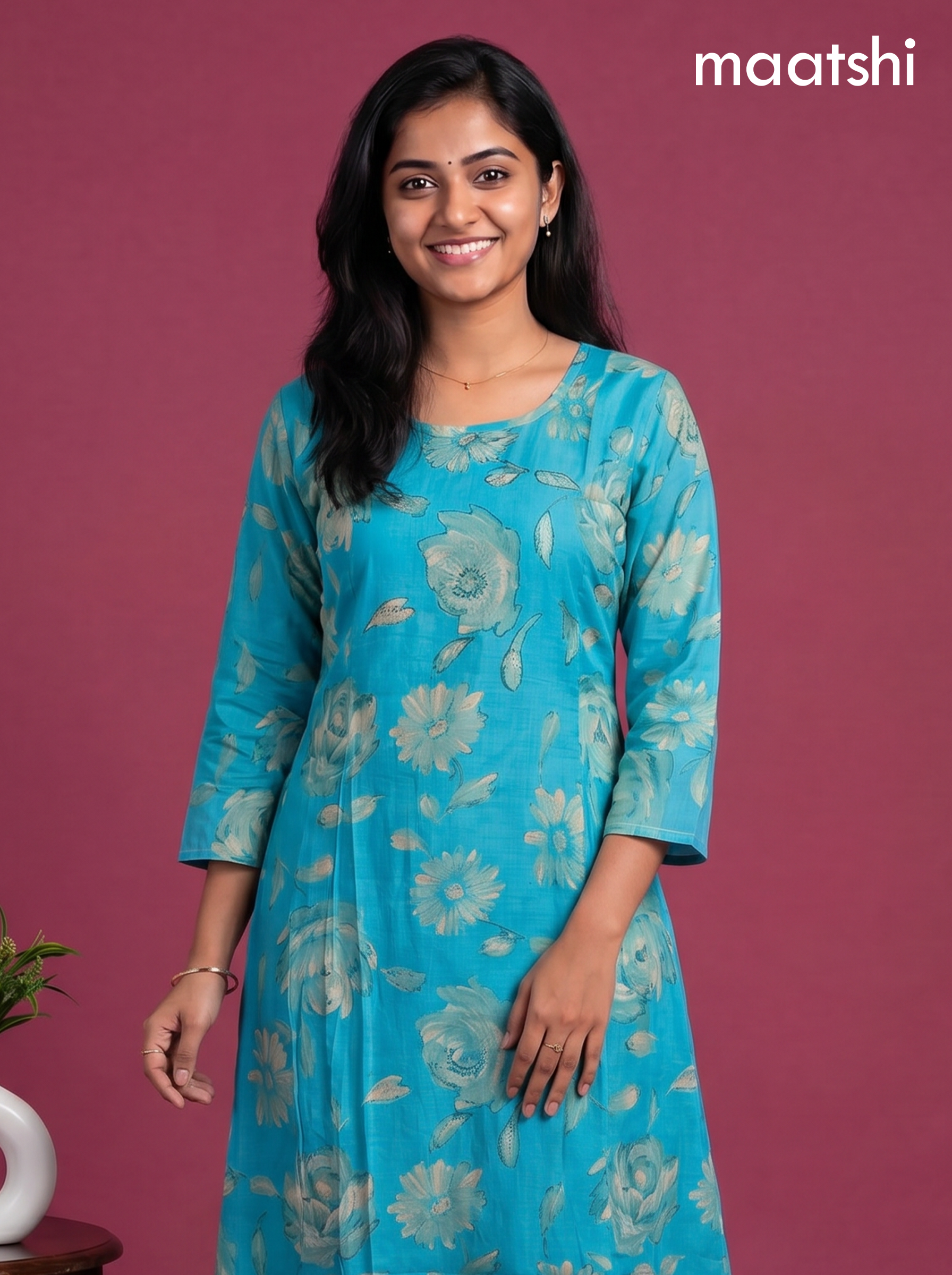 Light Blue Modal Printed & Embroidery Work A-Line Kurti