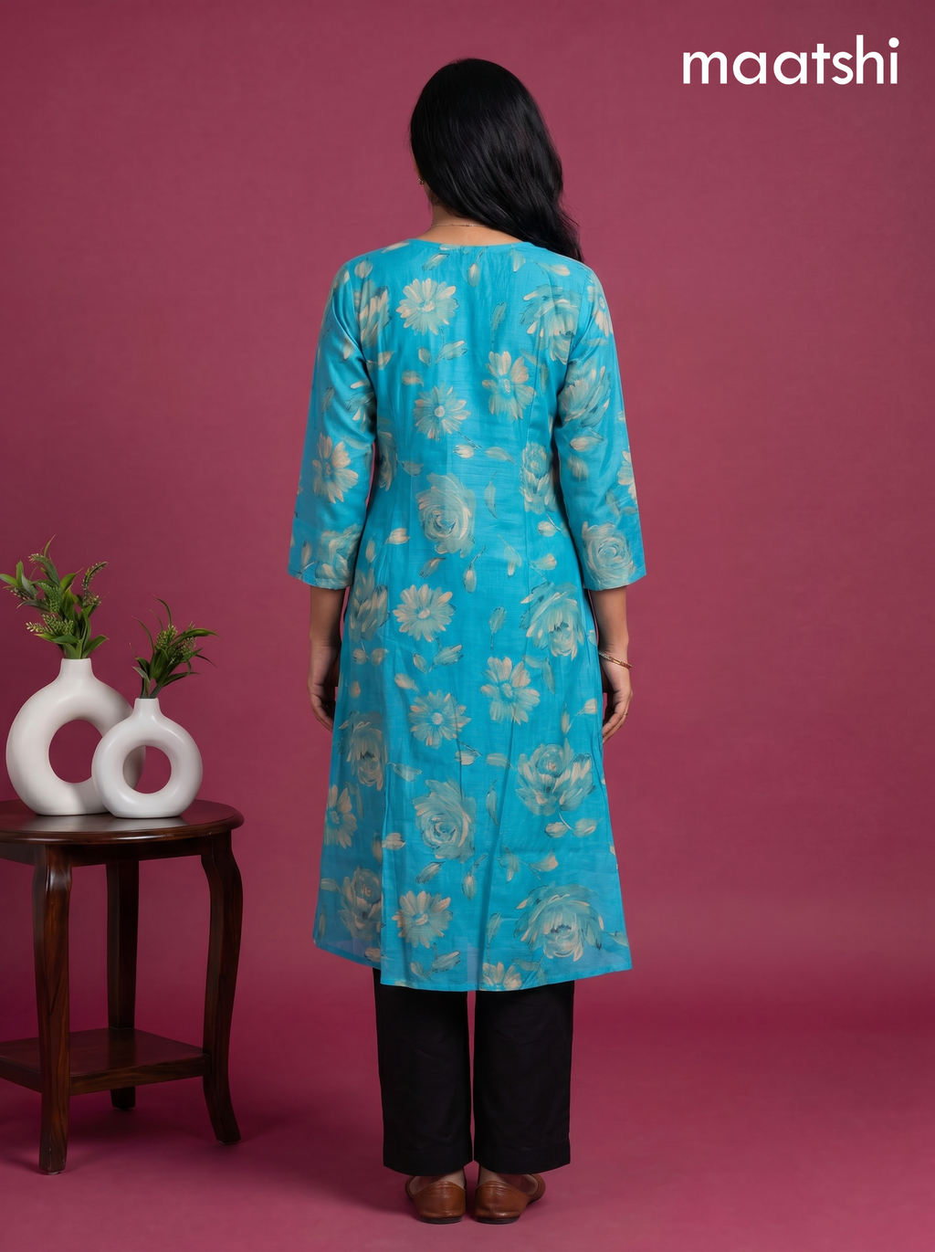 Light Blue Modal Printed & Embroidery Work A-Line Kurti
