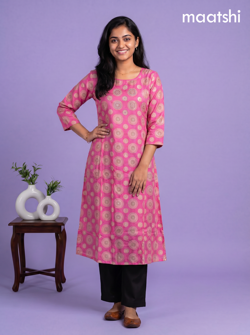 Pink Modal Printed & Embroidery Work A-Line Kurti
