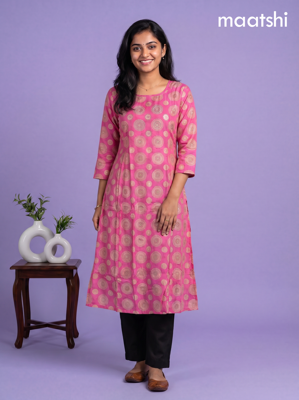 Pink Modal Printed & Embroidery Work A-Line Kurti