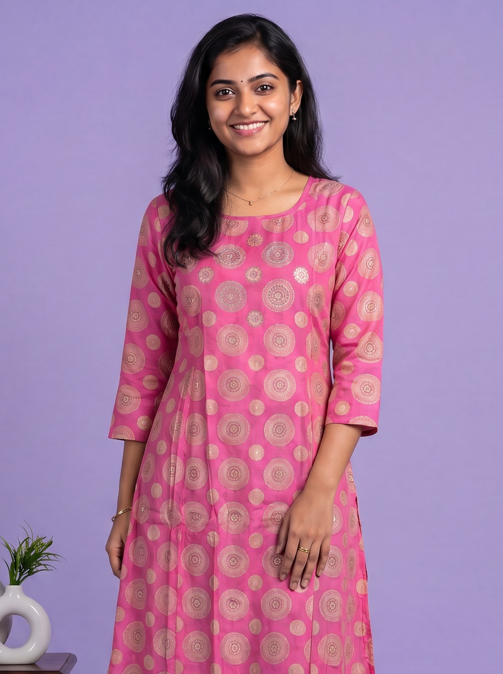 Pink Modal Printed & Embroidery Work A-Line Kurti