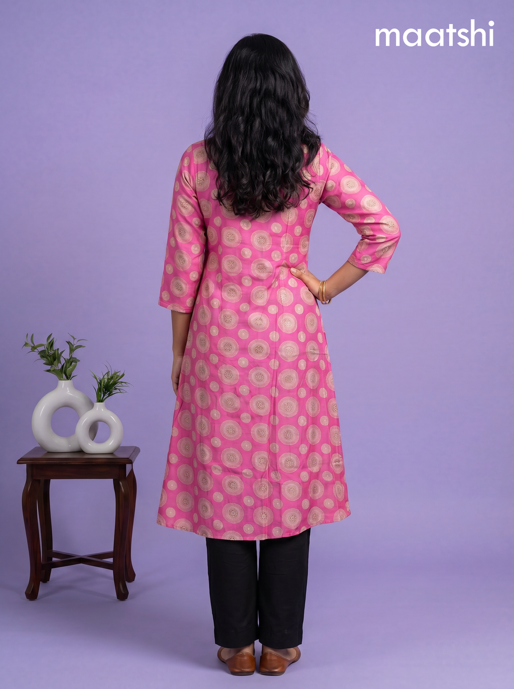 Pink Modal Printed & Embroidery Work A-Line Kurti