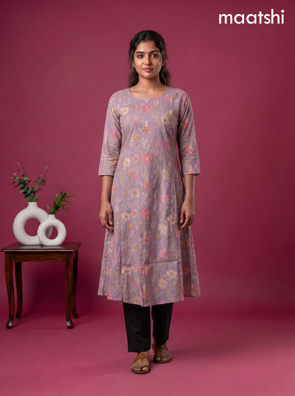Pastel Purple Modal Printed & Embroidery Work A-Line Kurti
