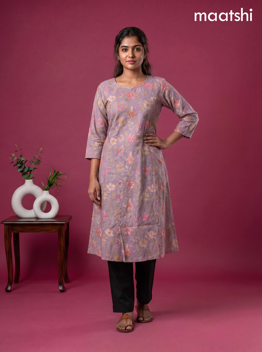 Pastel Purple Modal Printed & Embroidery Work A-Line Kurti