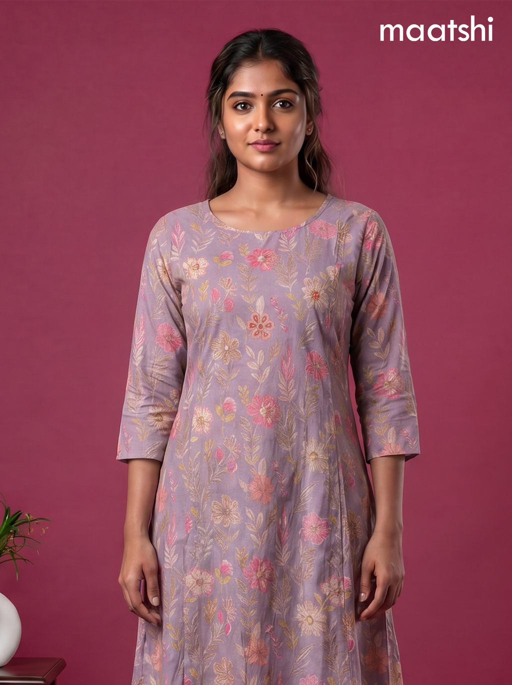 Pastel Purple Modal Printed & Embroidery Work A-Line Kurti