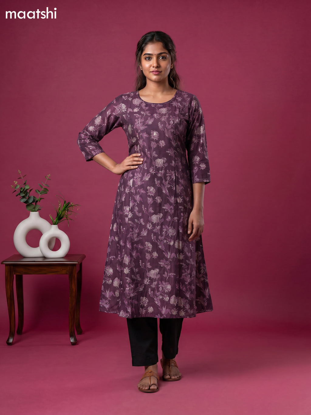 Purple Modal Printed & Embroidery Work a-Line Kurti