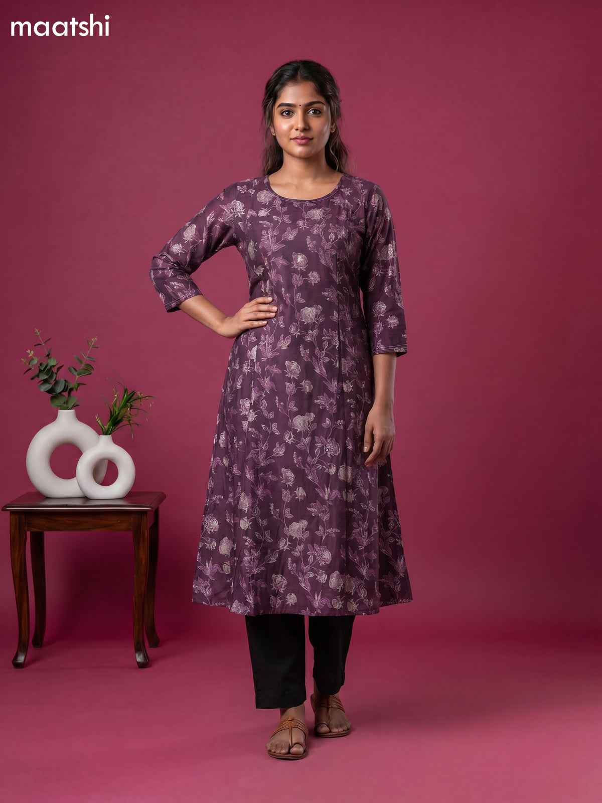 Purple Modal Printed & Embroidery Work a-Line Kurti