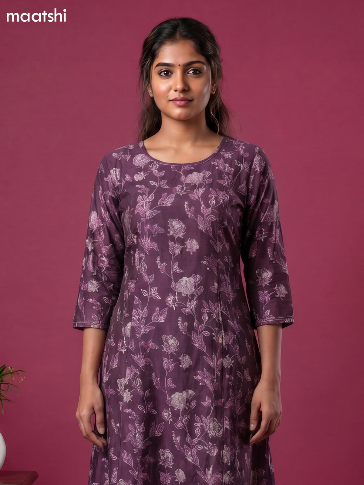 Purple Modal Printed & Embroidery Work a-Line Kurti