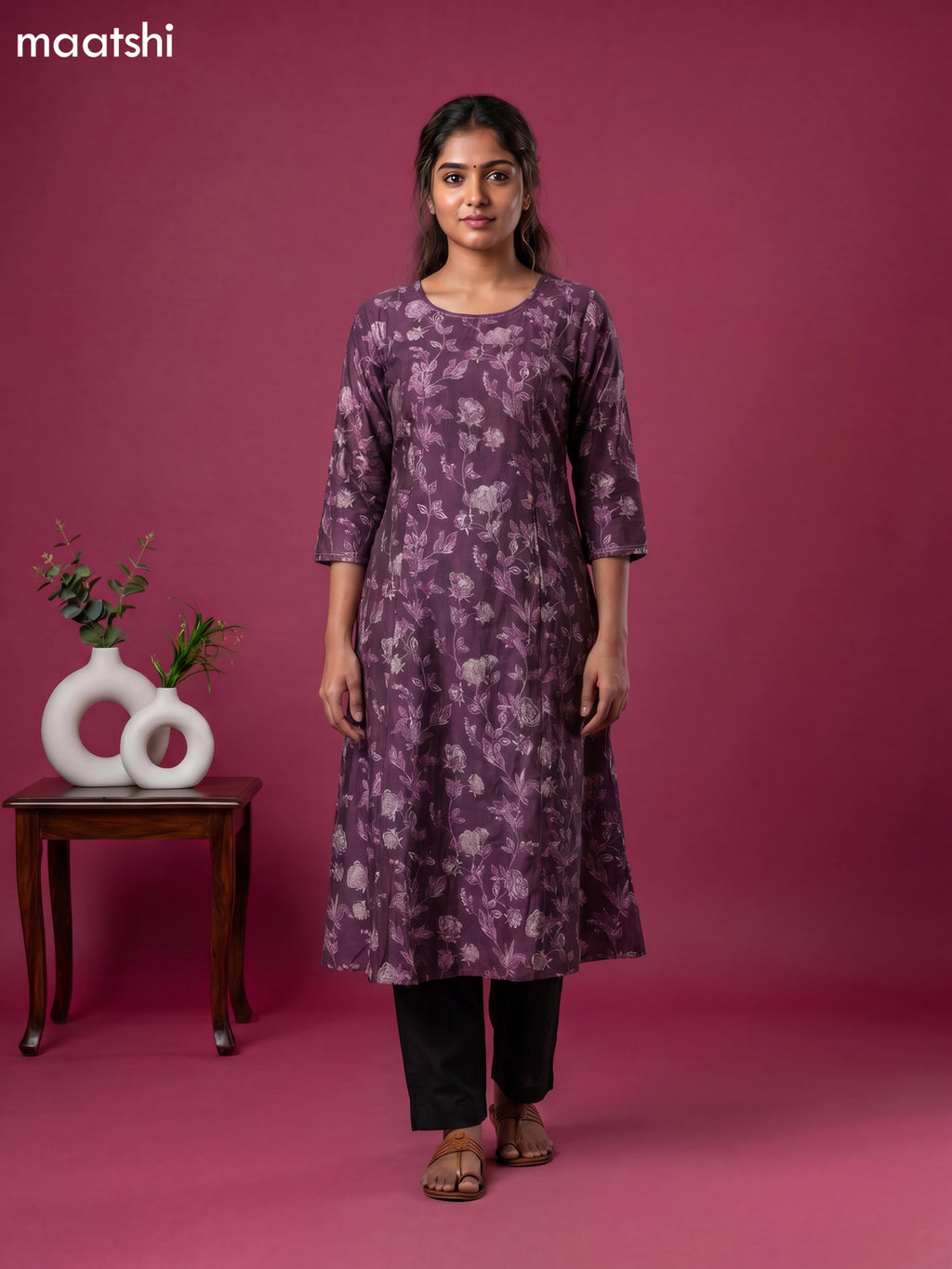 Purple Modal Printed & Embroidery Work a-Line Kurti