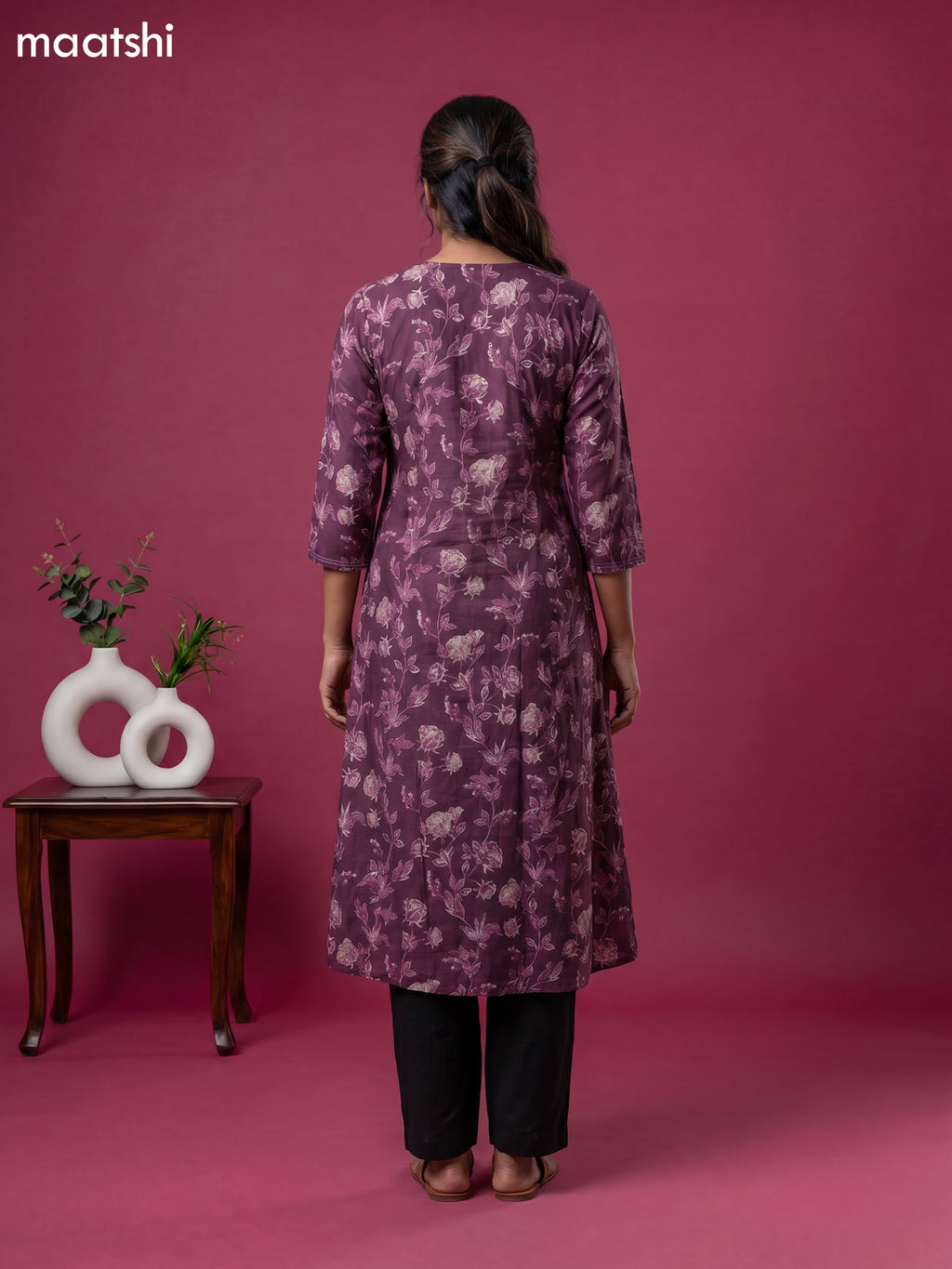 Purple Modal Printed & Embroidery Work a-Line Kurti