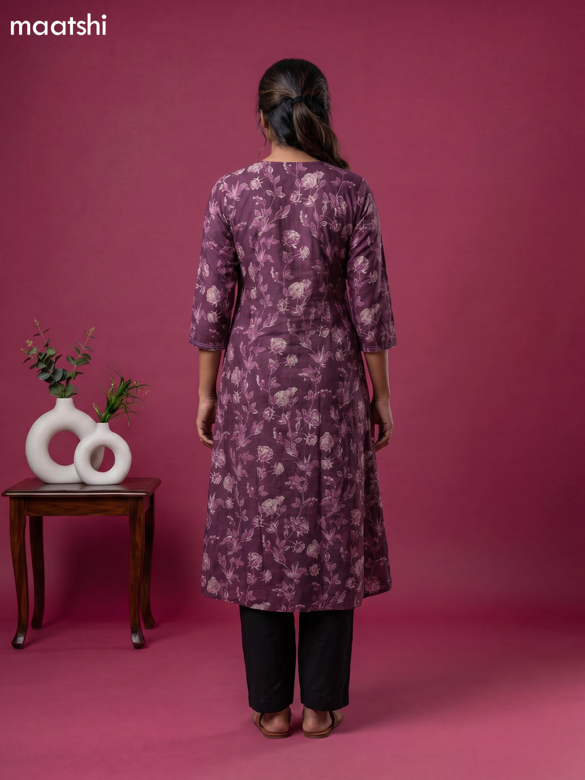 Purple Modal Printed & Embroidery Work a-Line Kurti