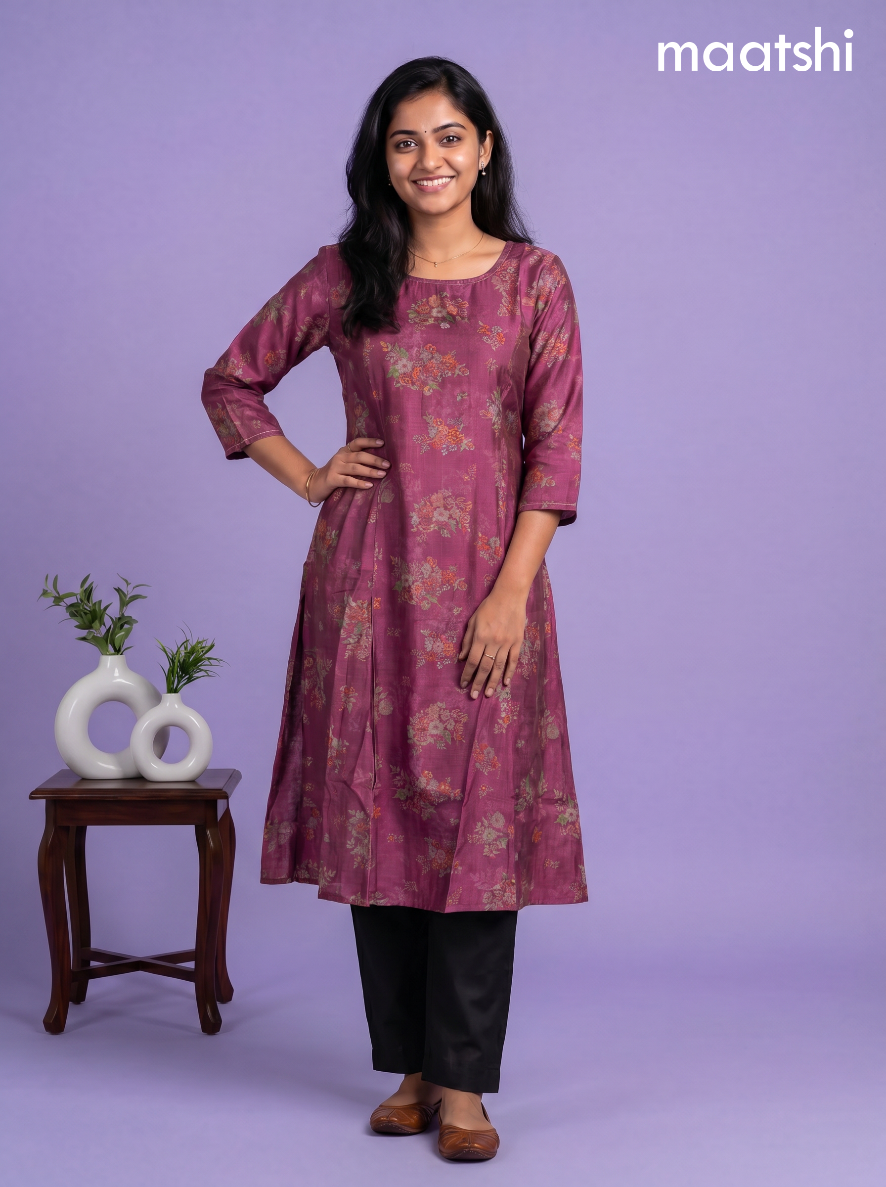 Magenta Pink Art Silk Printed & Simple Embroidery A-Line Kurti