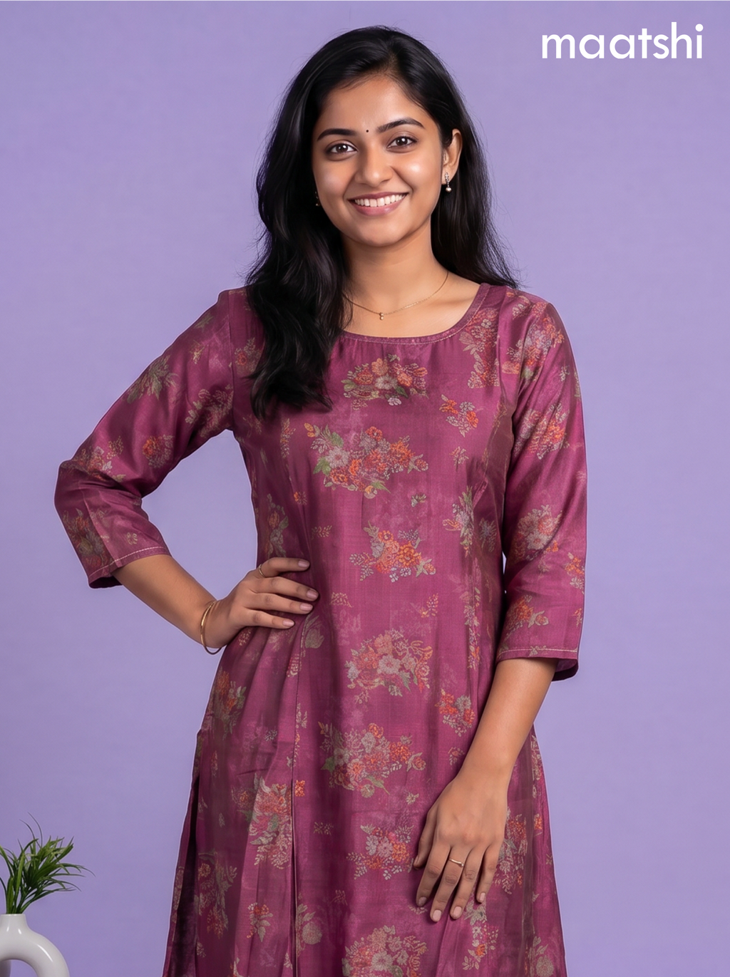 Magenta Pink Art Silk Printed & Simple Embroidery A-Line Kurti