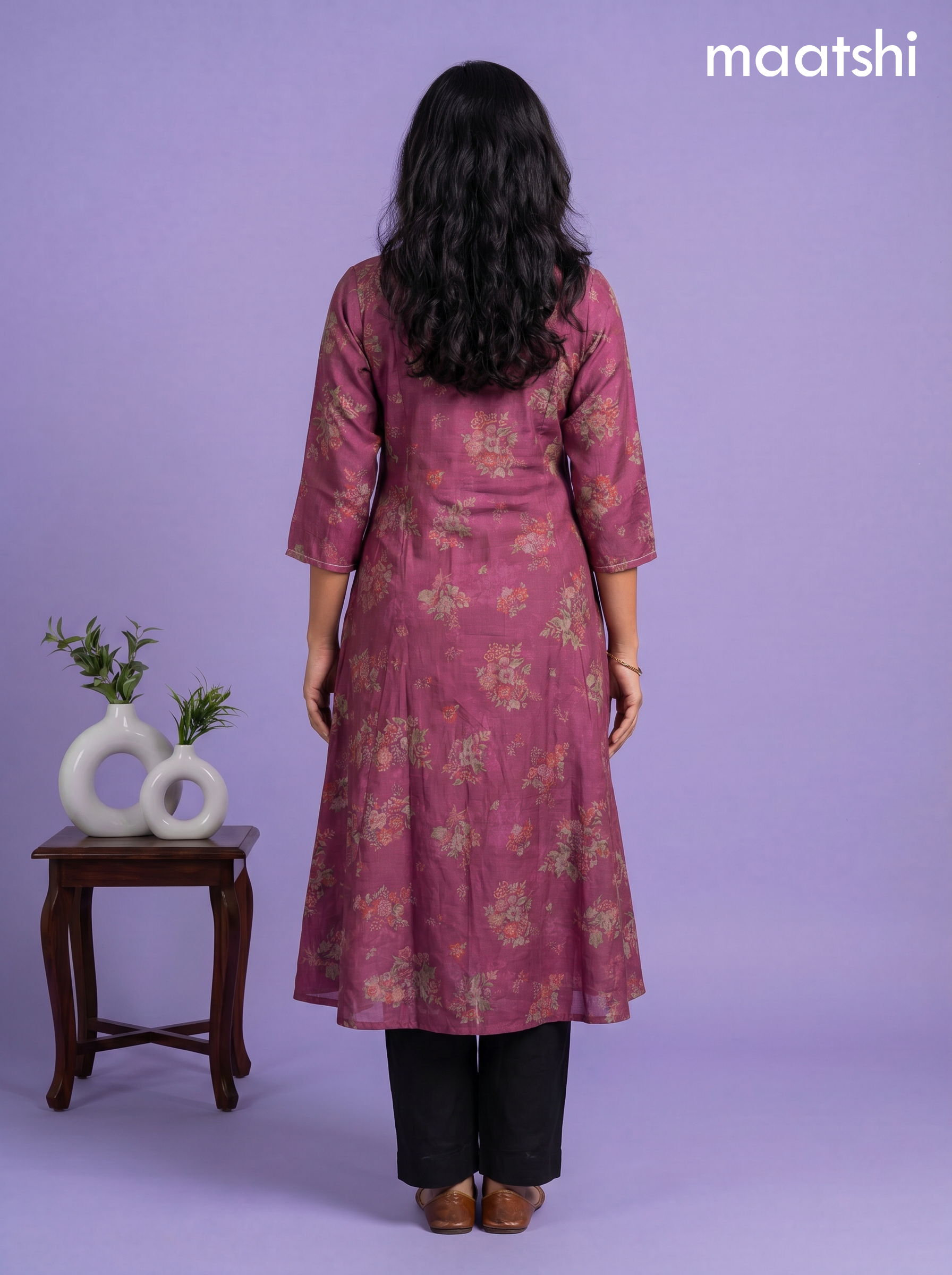 Magenta Pink Art Silk Printed & Simple Embroidery A-Line Kurti
