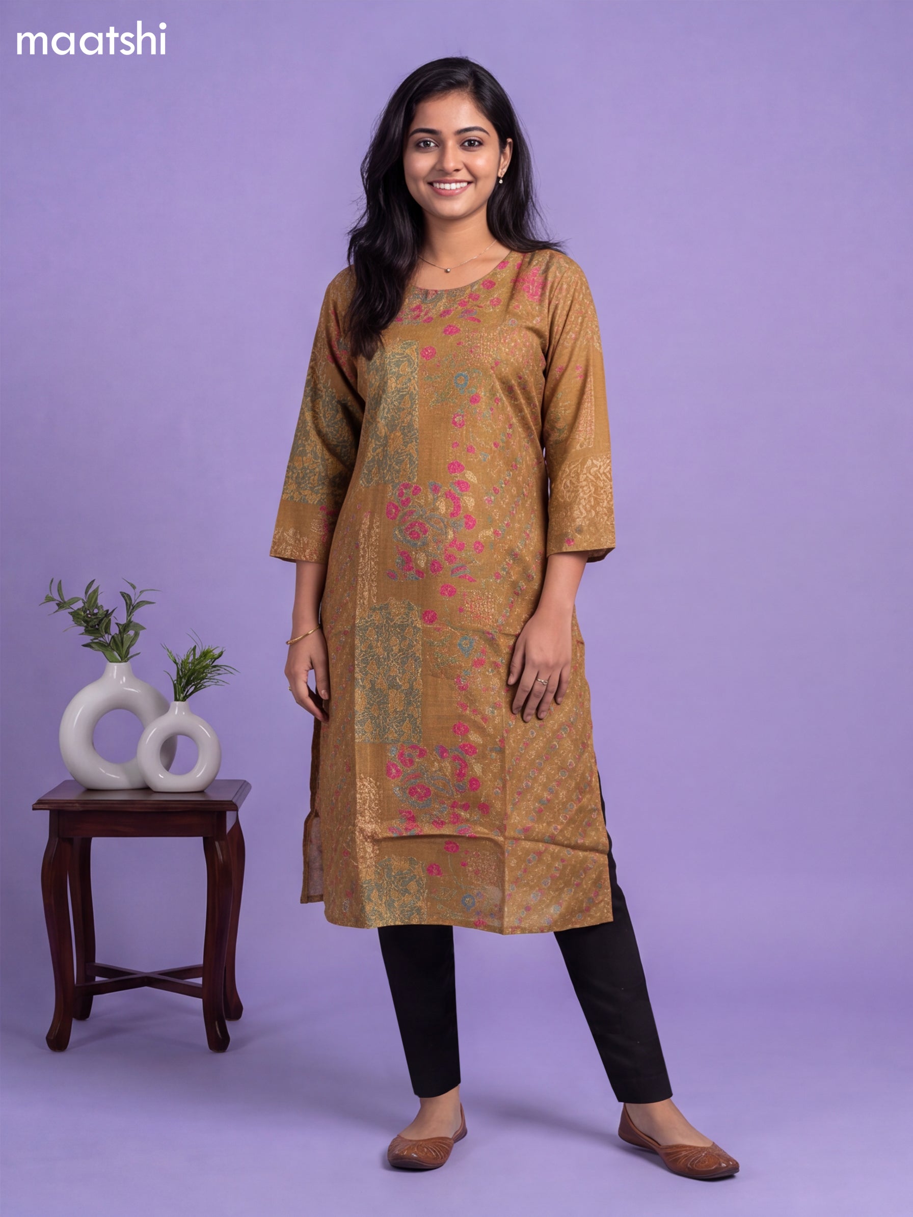 Dark Mustard Art Tussar Printed & Embroidery Work Straight Cut Kurti