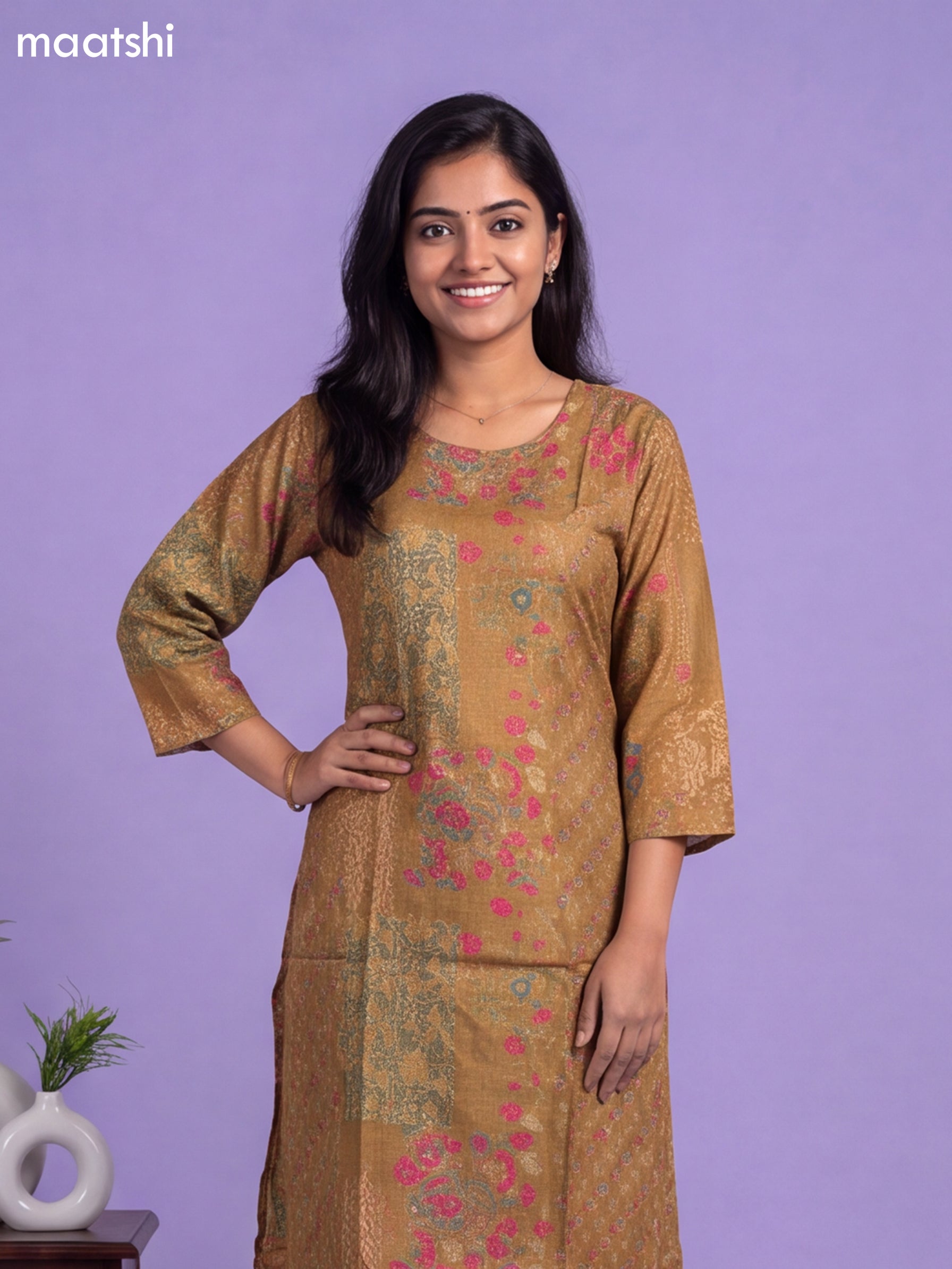 Dark Mustard Art Tussar Printed & Embroidery Work Straight Cut Kurti
