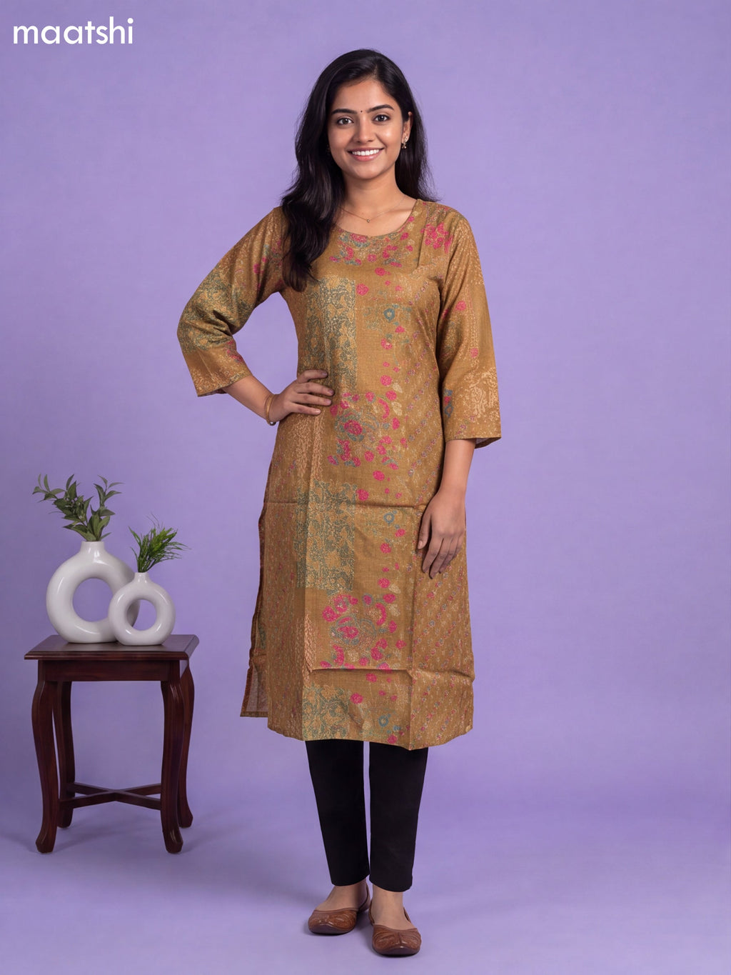 Dark Mustard Art Tussar Printed & Embroidery Work Straight Cut Kurti