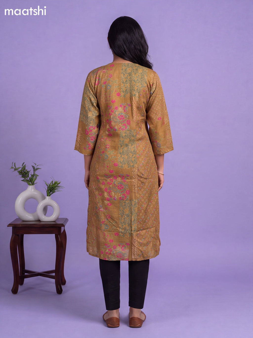 Dark Mustard Art Tussar Printed & Embroidery Work Straight Cut Kurti