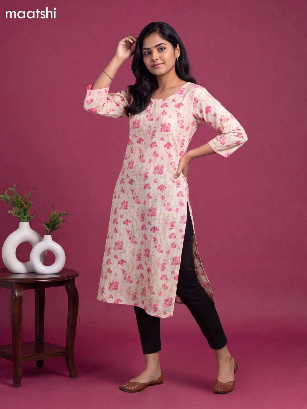 Cream Cotton Printed & Embroidery Work Straight Cut Kurti