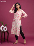 Cream Cotton Printed & Embroidery Work Straight Cut Kurti