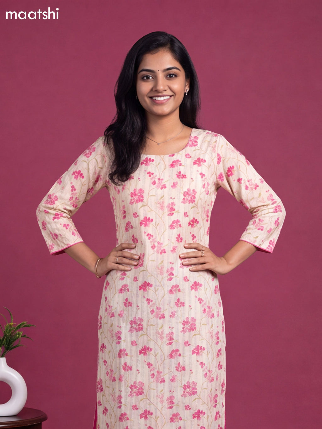 Cream Cotton Printed & Embroidery Work Straight Cut Kurti
