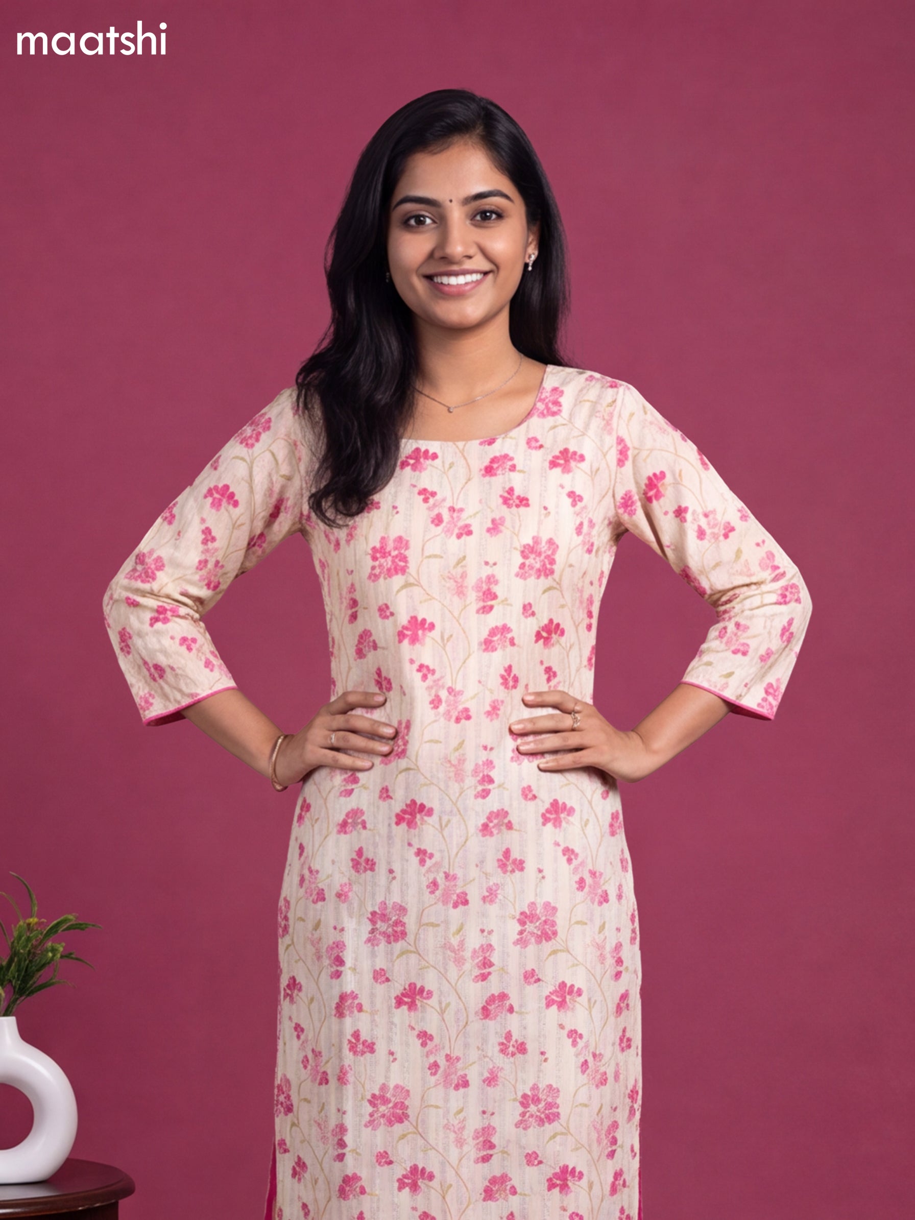 Cream Cotton Printed & Embroidery Work Straight Cut Kurti
