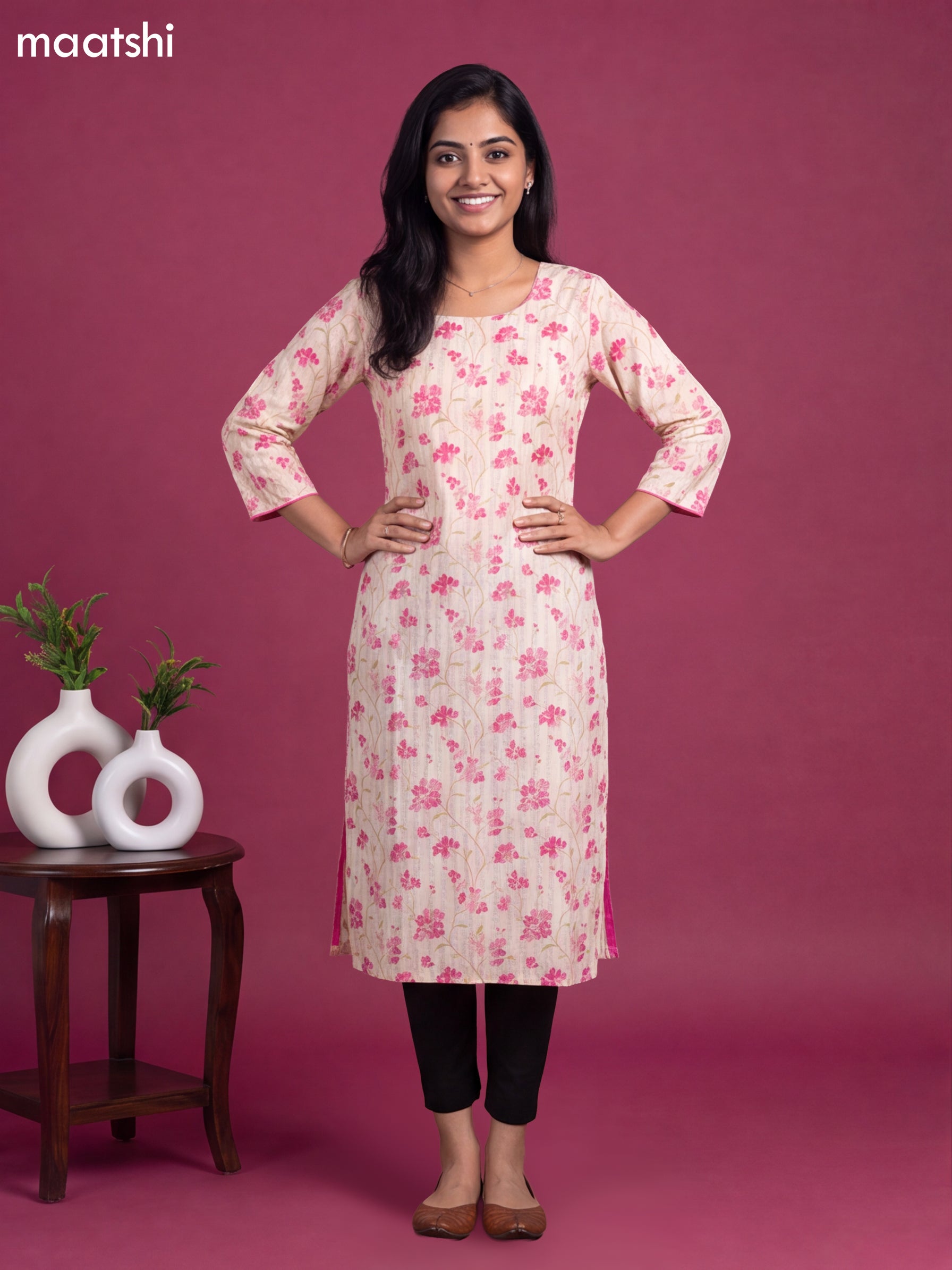 Cream Cotton Printed & Embroidery Work Straight Cut Kurti