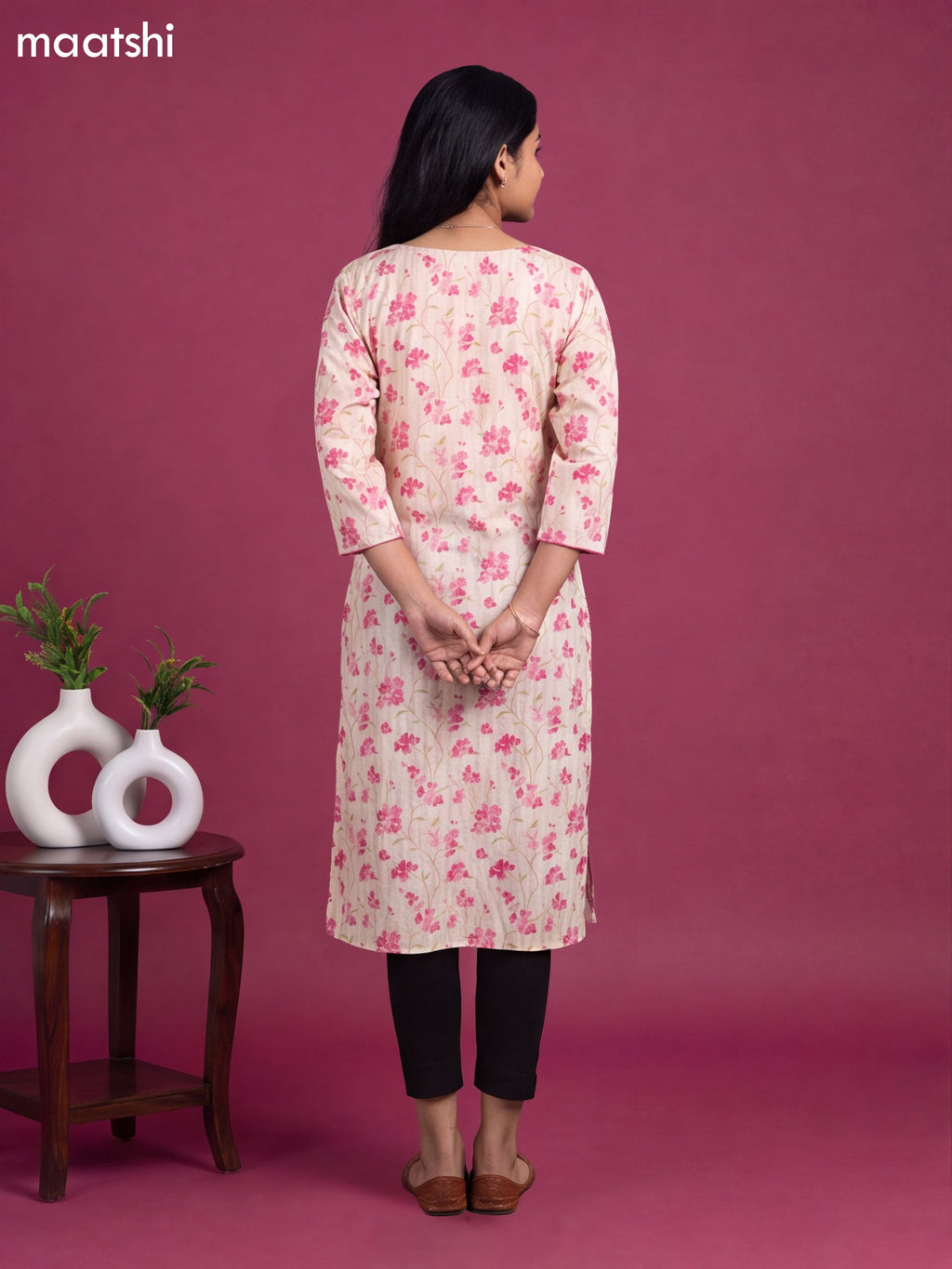 Cream Cotton Printed & Embroidery Work Straight Cut Kurti