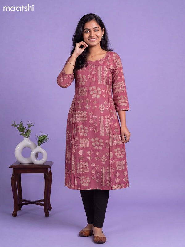 Mauve Pink Art Tussar Printed & Embroidery Work A-Line Kurti