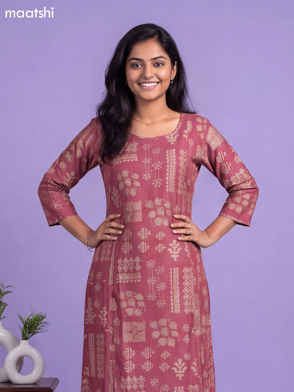 Mauve Pink Art Tussar Printed & Embroidery Work A-Line Kurti