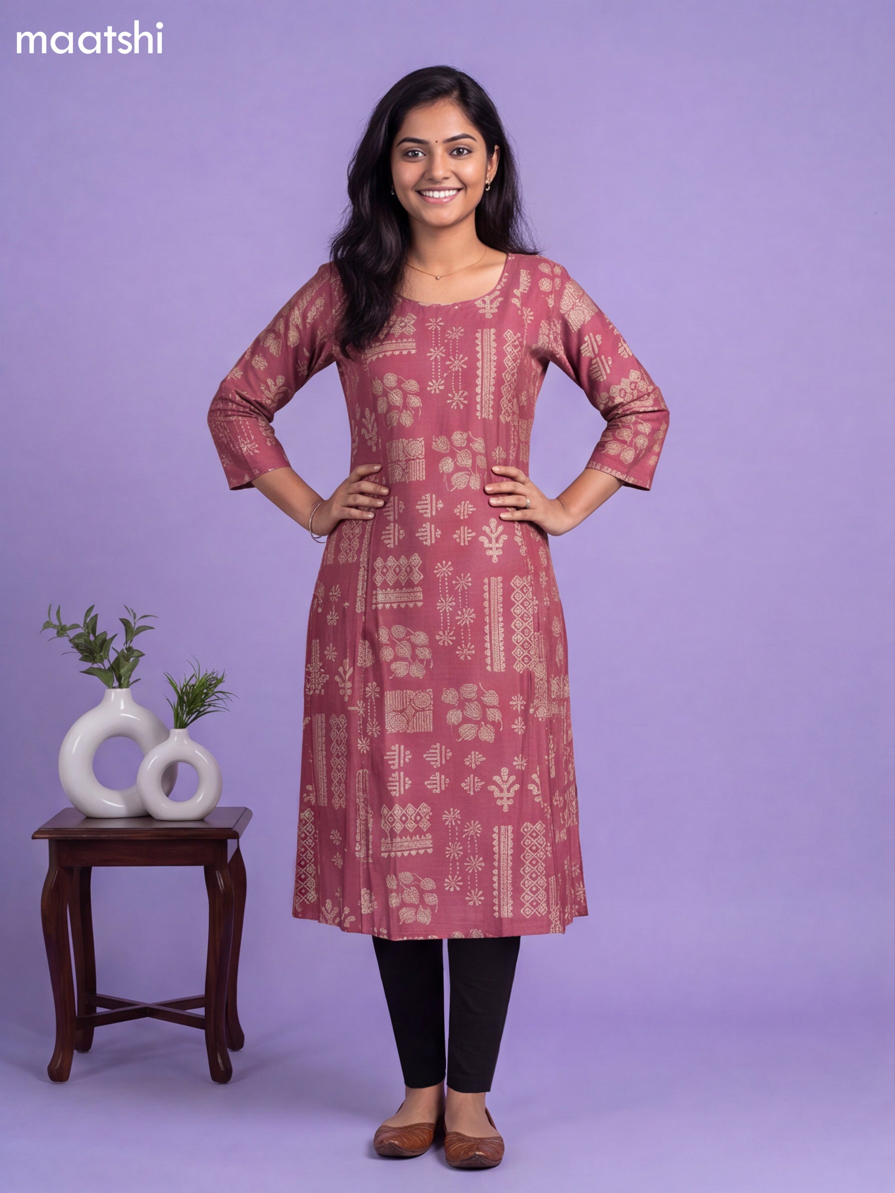 Mauve Pink Art Tussar Printed & Embroidery Work A-Line Kurti