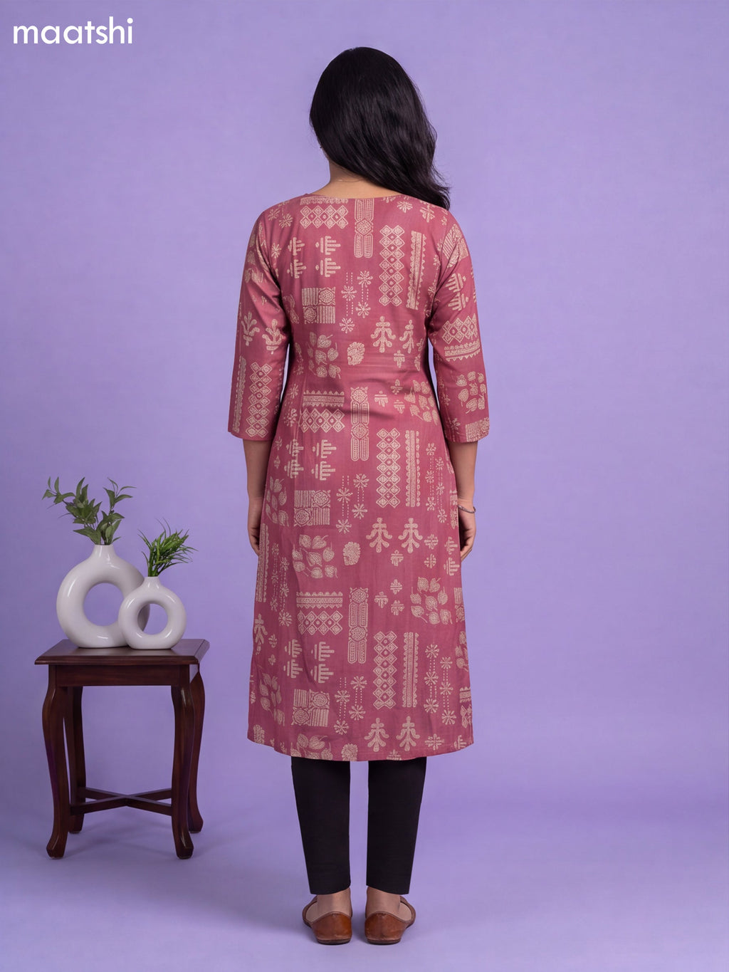 Mauve Pink Art Tussar Printed & Embroidery Work A-Line Kurti
