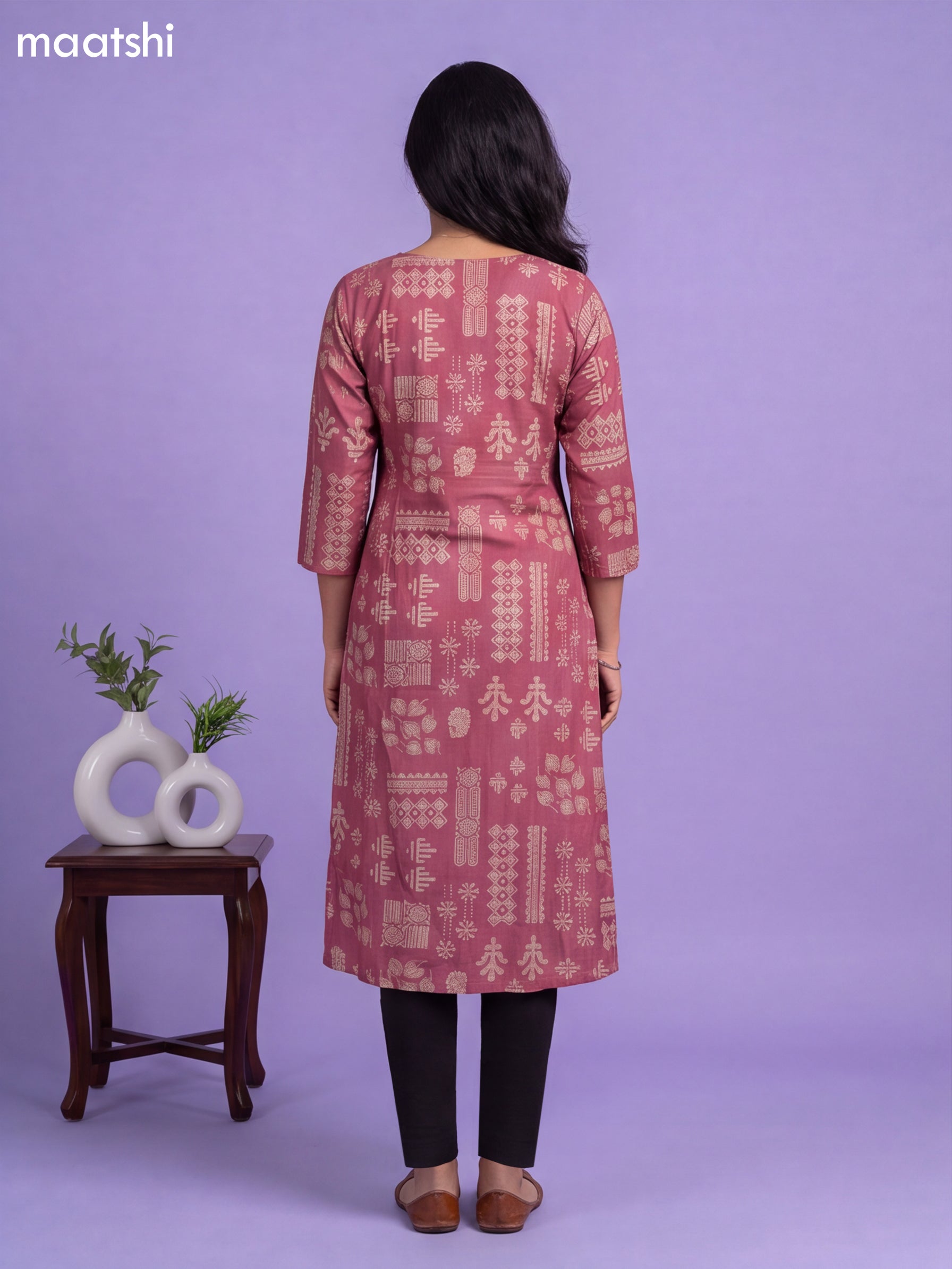 Mauve Pink Art Tussar Printed & Embroidery Work A-Line Kurti