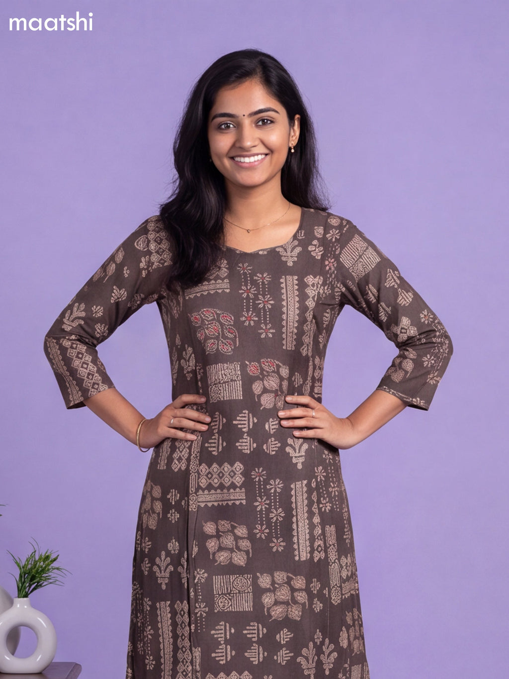 Black Art Tussar Printed & Embroidery Work A-Line Kurti