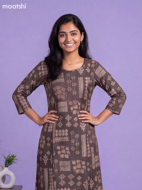 Black Art Tussar Printed & Embroidery Work A-Line Kurti