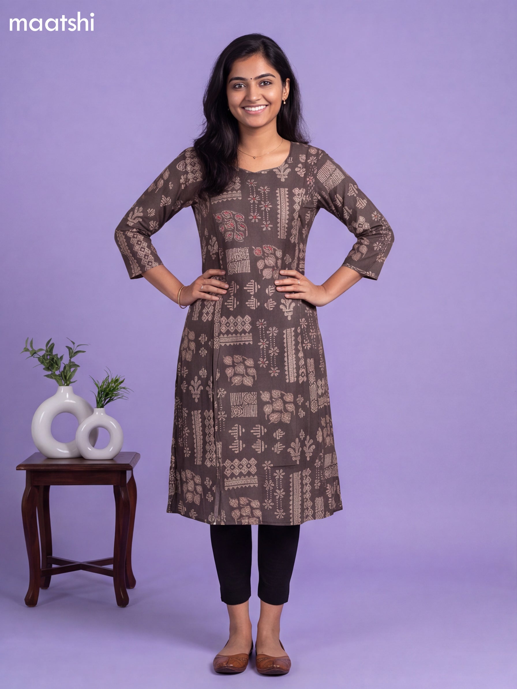 Black Art Tussar Printed & Embroidery Work A-Line Kurti