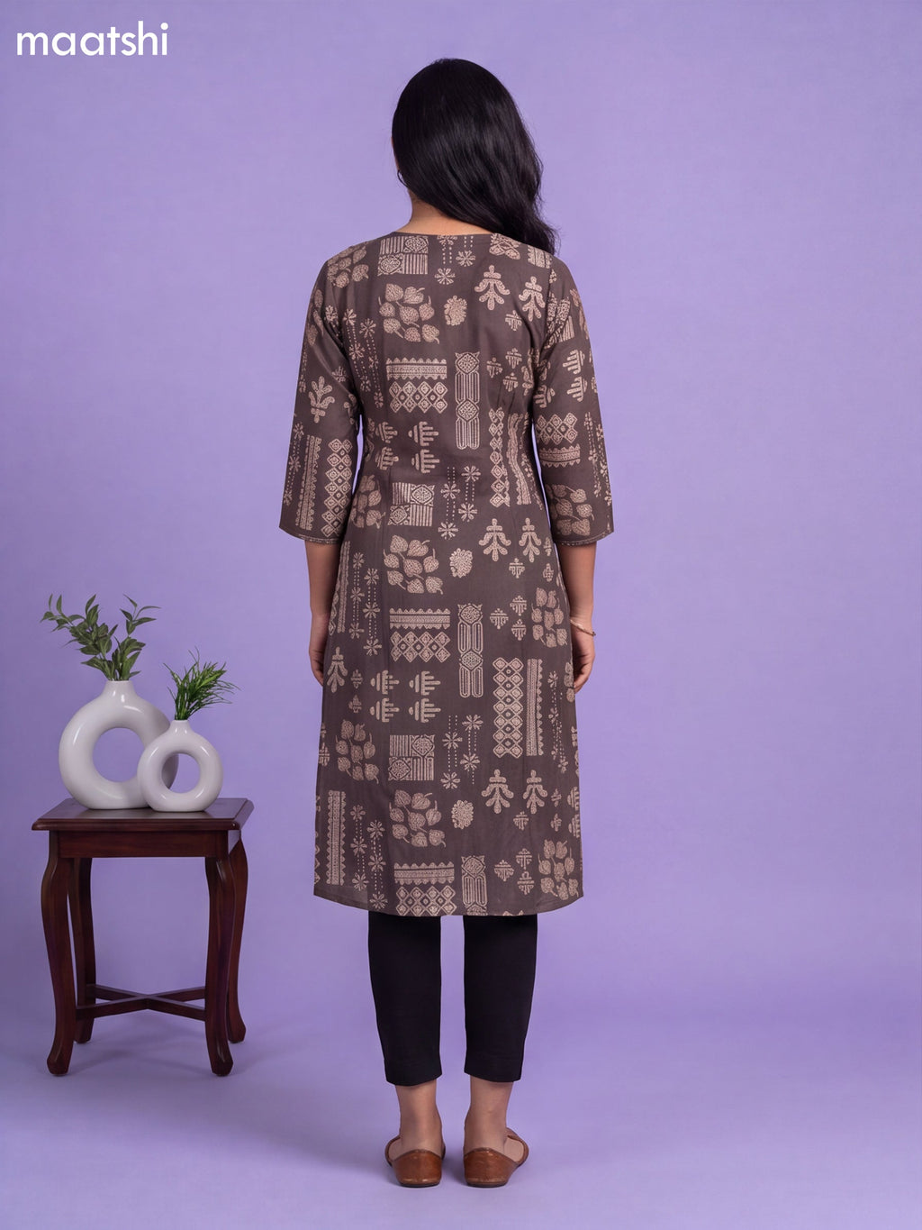 Black Art Tussar Printed & Embroidery Work A-Line Kurti
