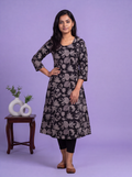 Black Art Tussar Printed & Embroidery Work A-Line Kurti