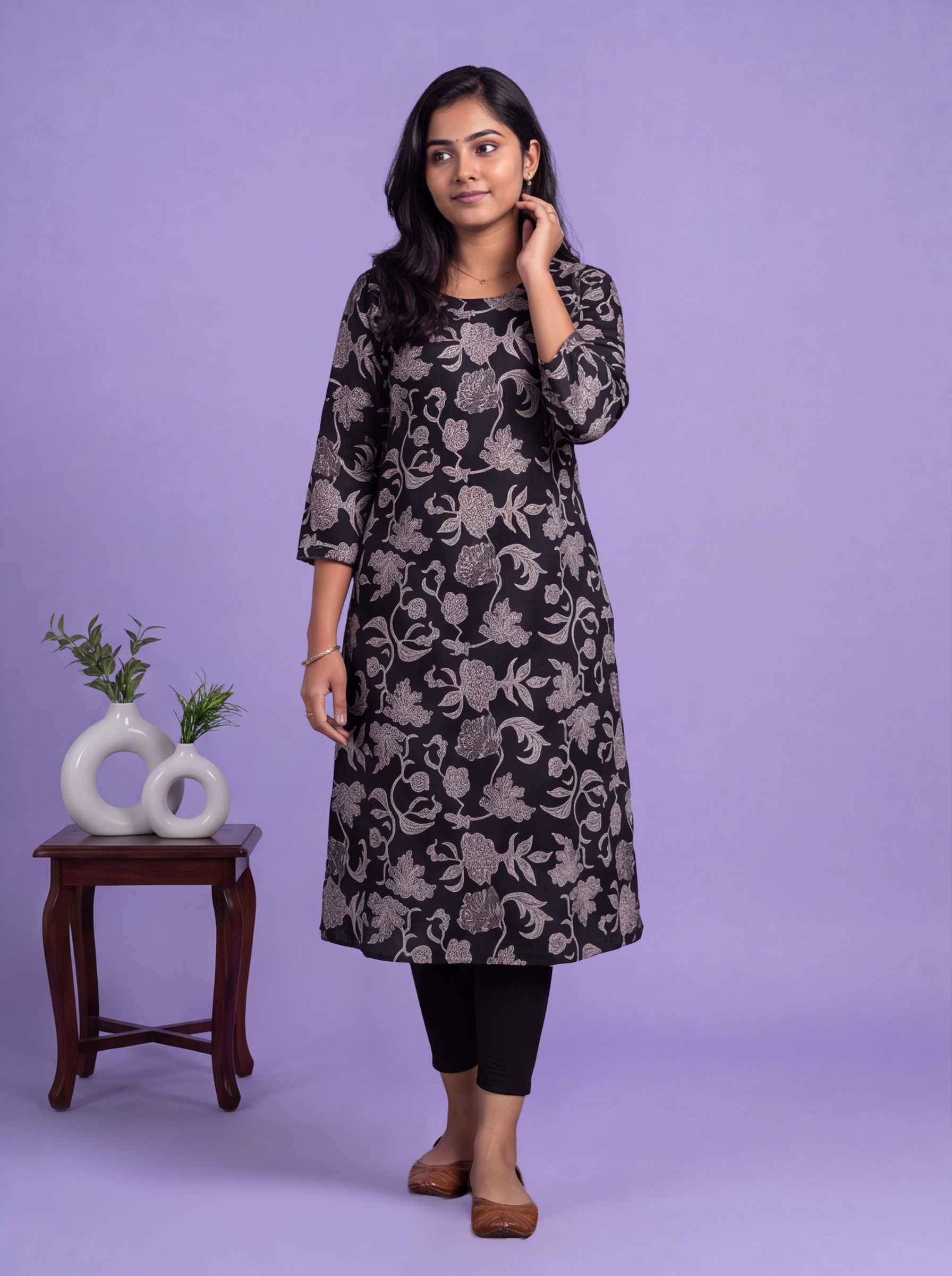 Black Art Tussar Printed & Embroidery Work A-Line Kurti