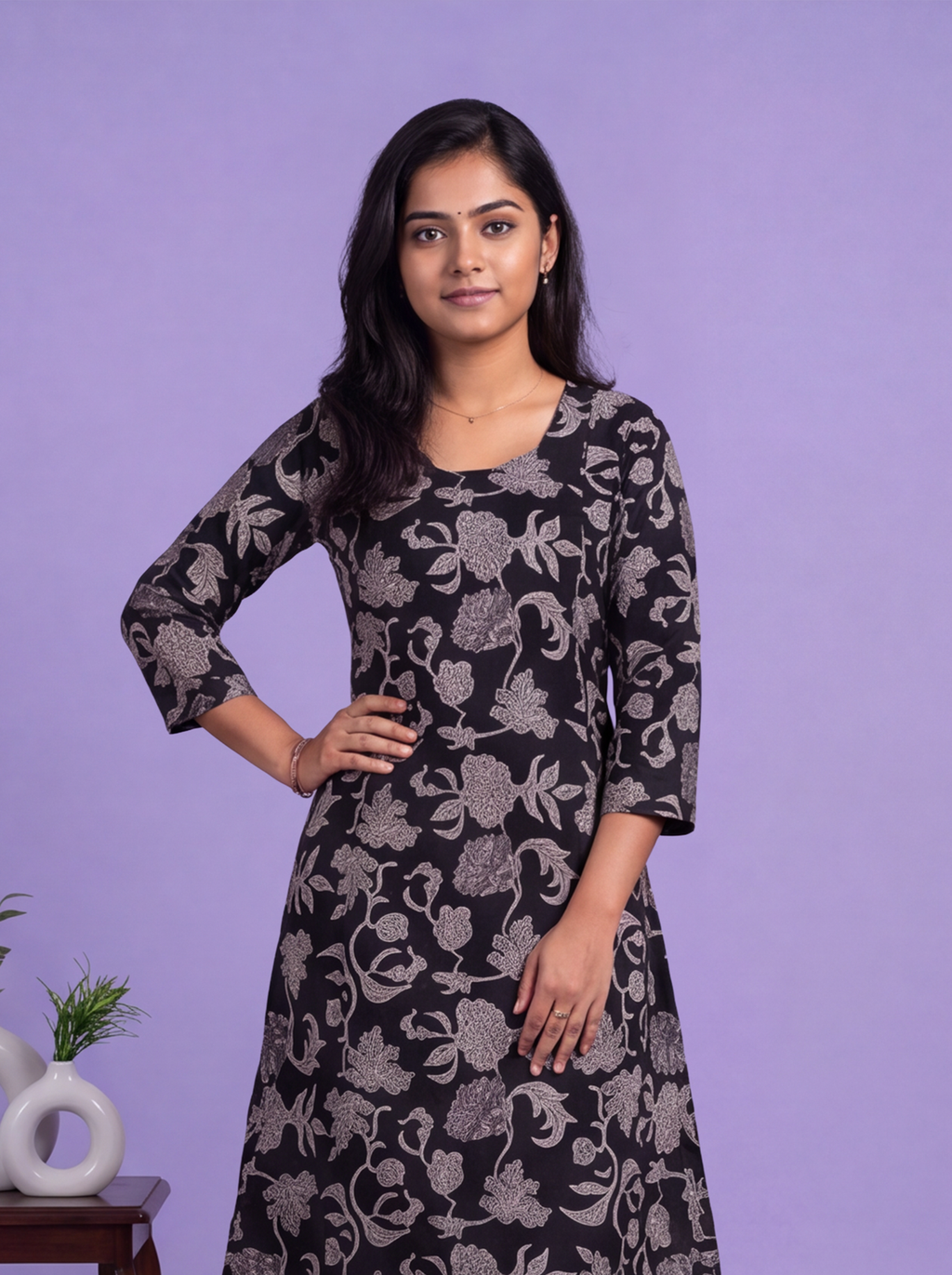 Black Art Tussar Printed & Embroidery Work A-Line Kurti