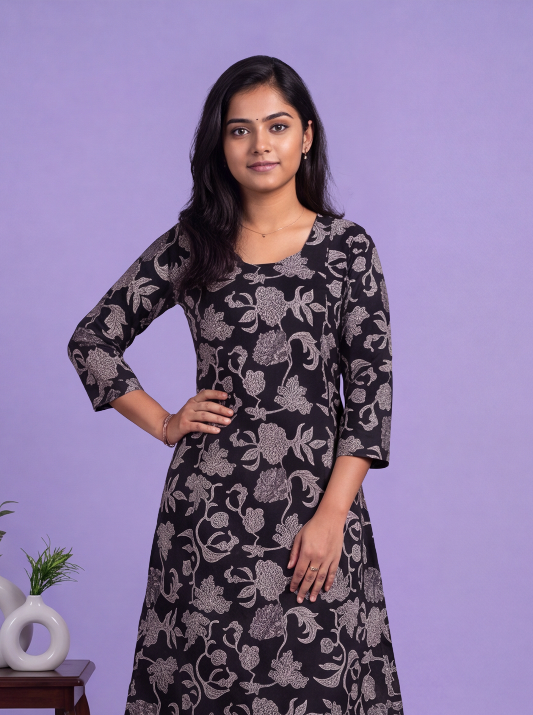 Black Art Tussar Printed & Embroidery Work A-Line Kurti