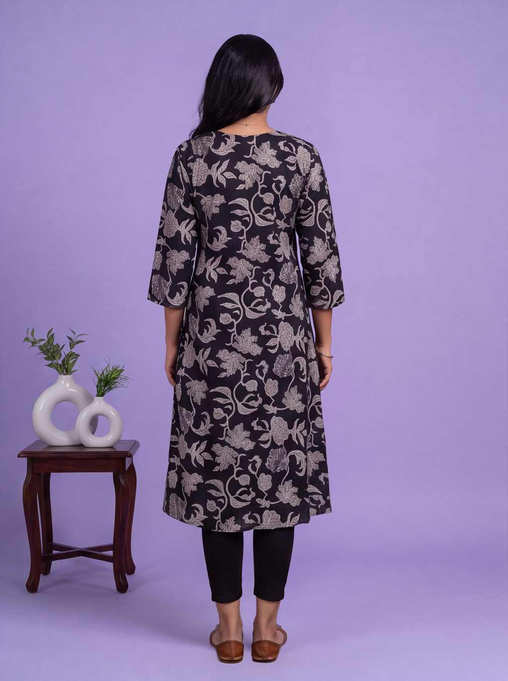 Black Art Tussar Printed & Embroidery Work A-Line Kurti