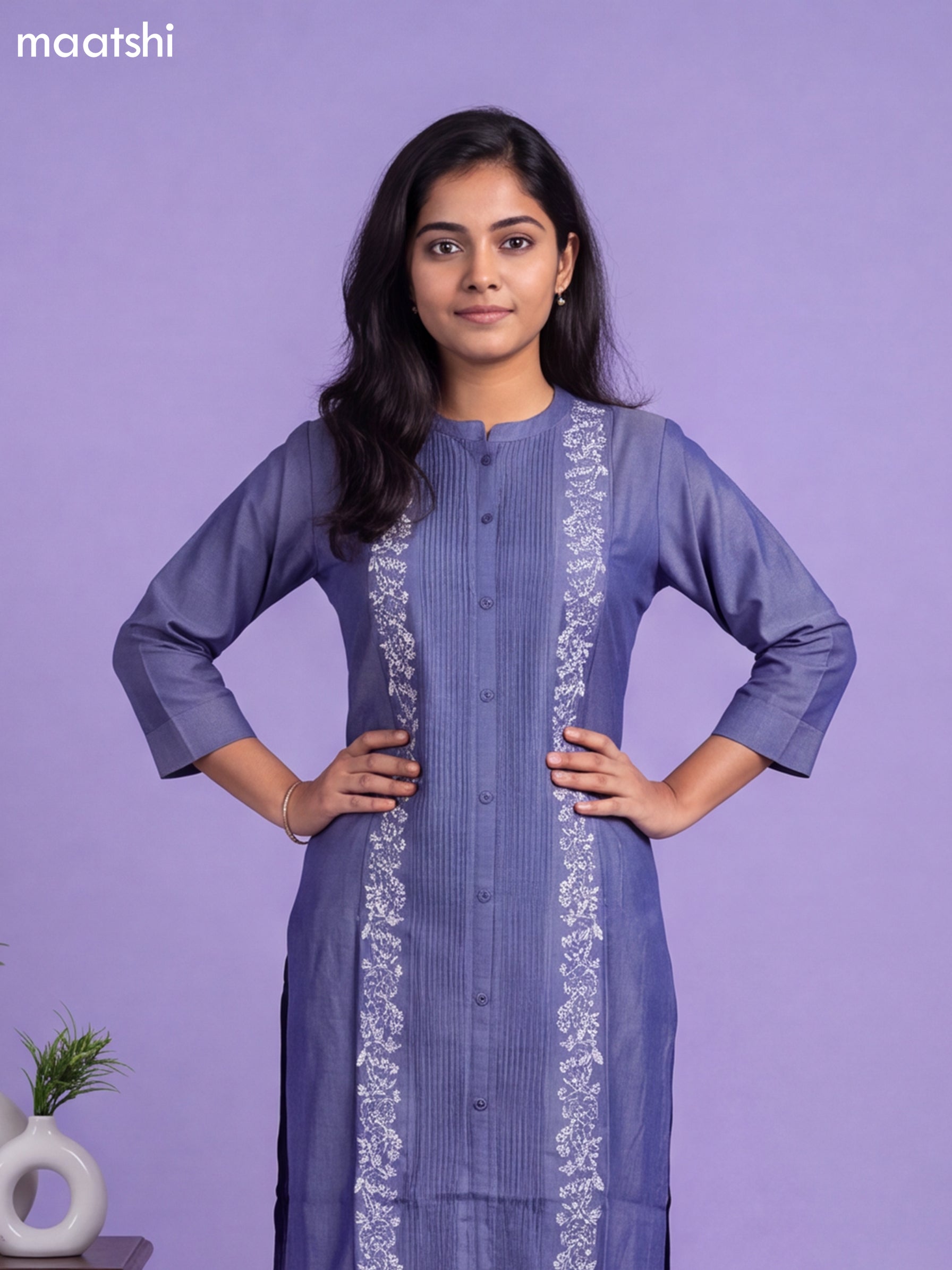 Blue Viscose Rayon & Embroidery Work Straight Cut Kurti
