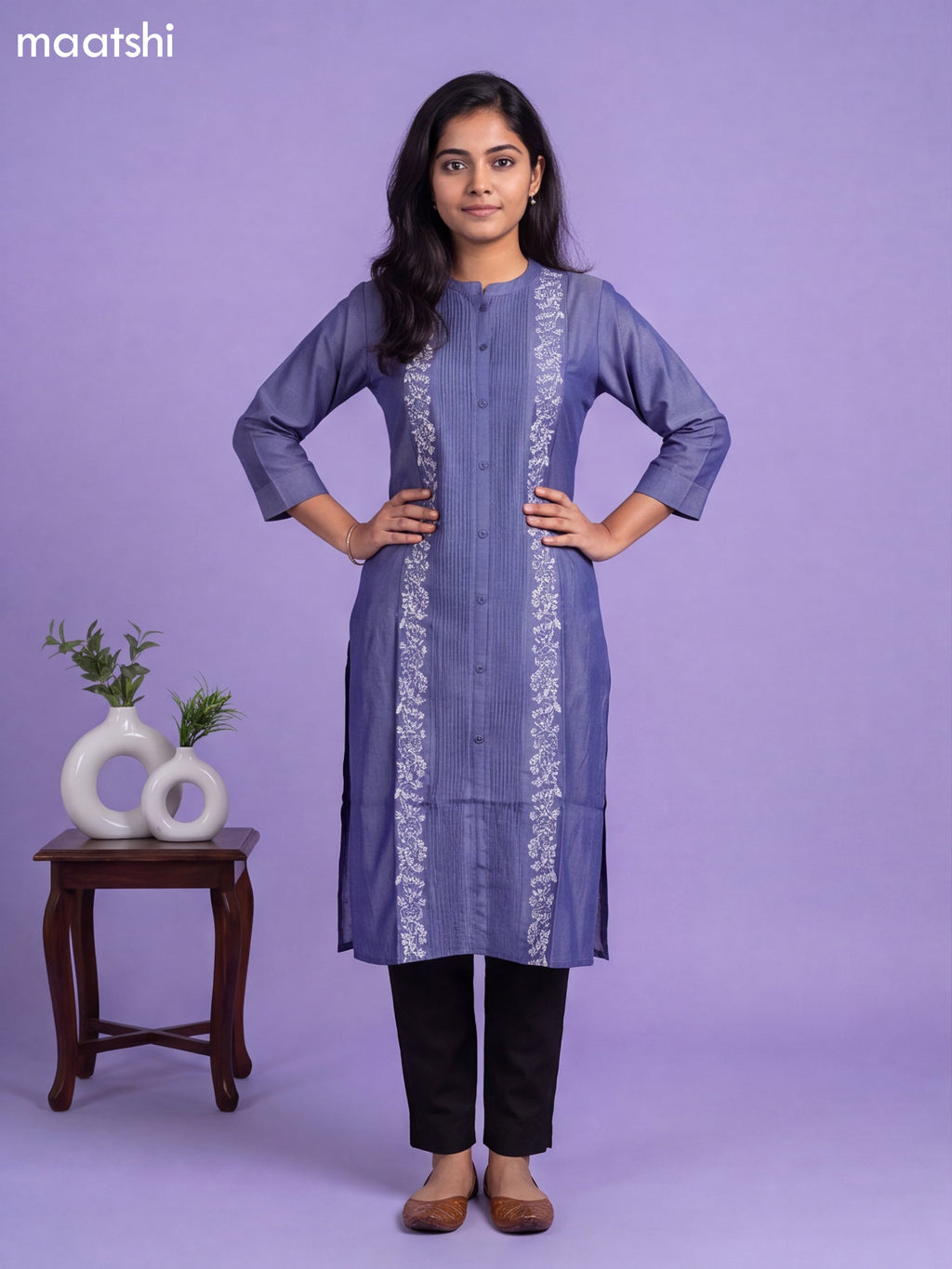 Blue Viscose Rayon & Embroidery Work Straight Cut Kurti