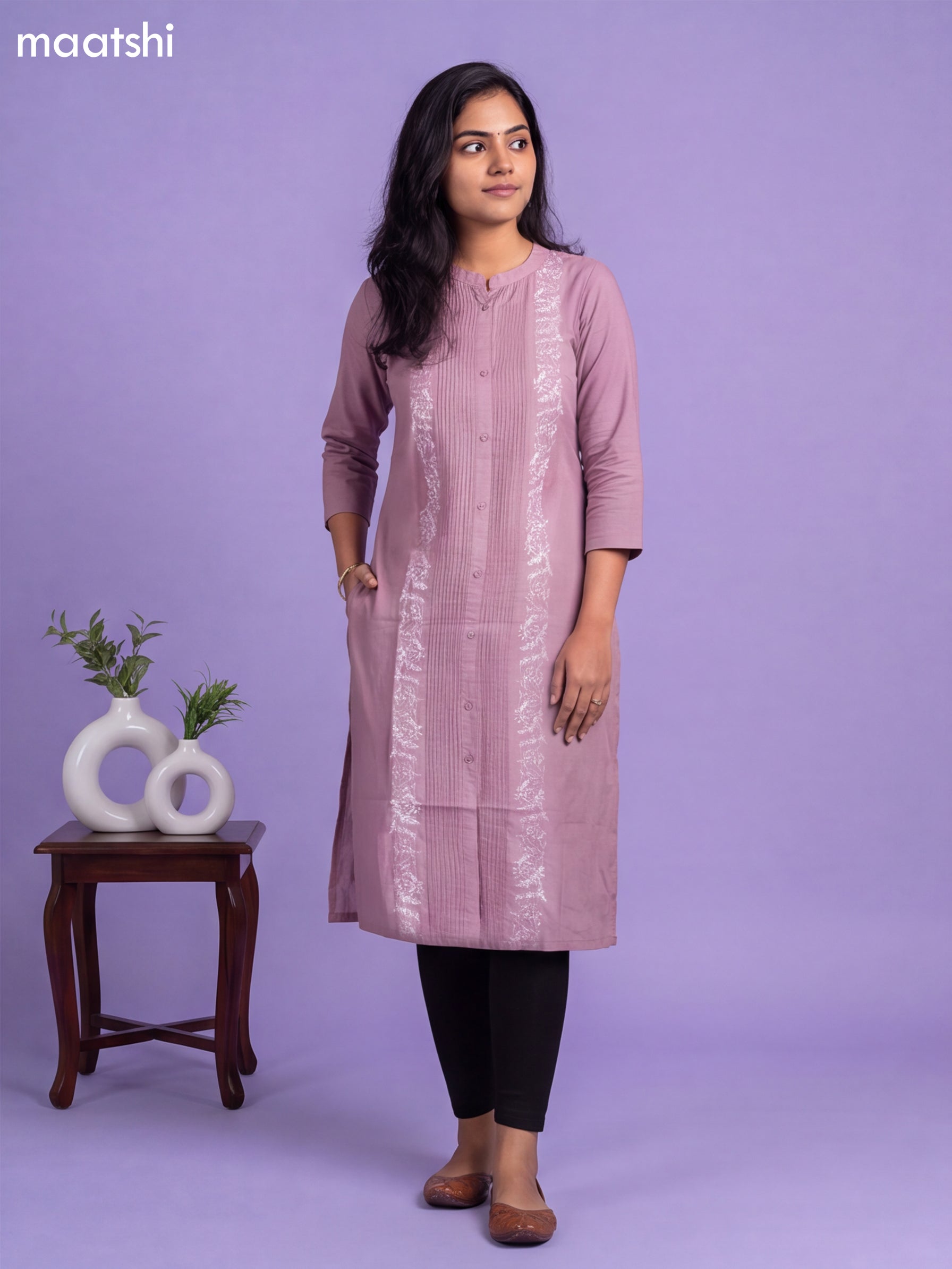 Pink Viscose Rayon & Embroidery Work Straight Cut Kurti