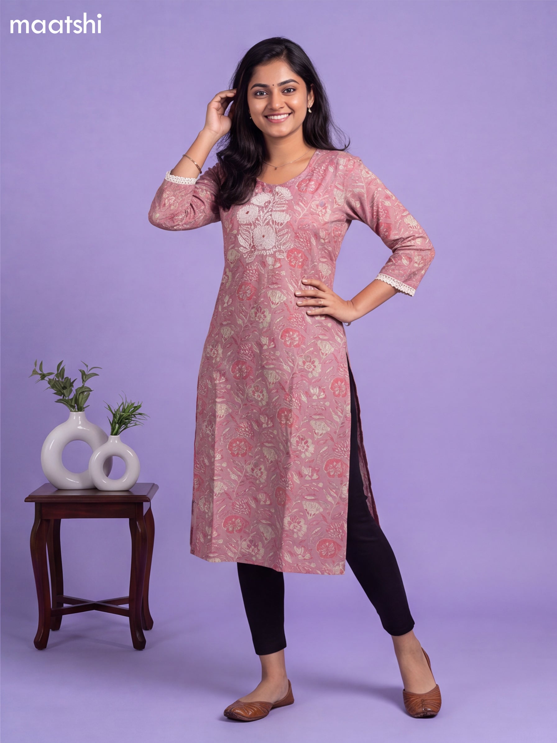 Mauve Pink Modal Printed & Embroidery Work Straight Cut Kurti