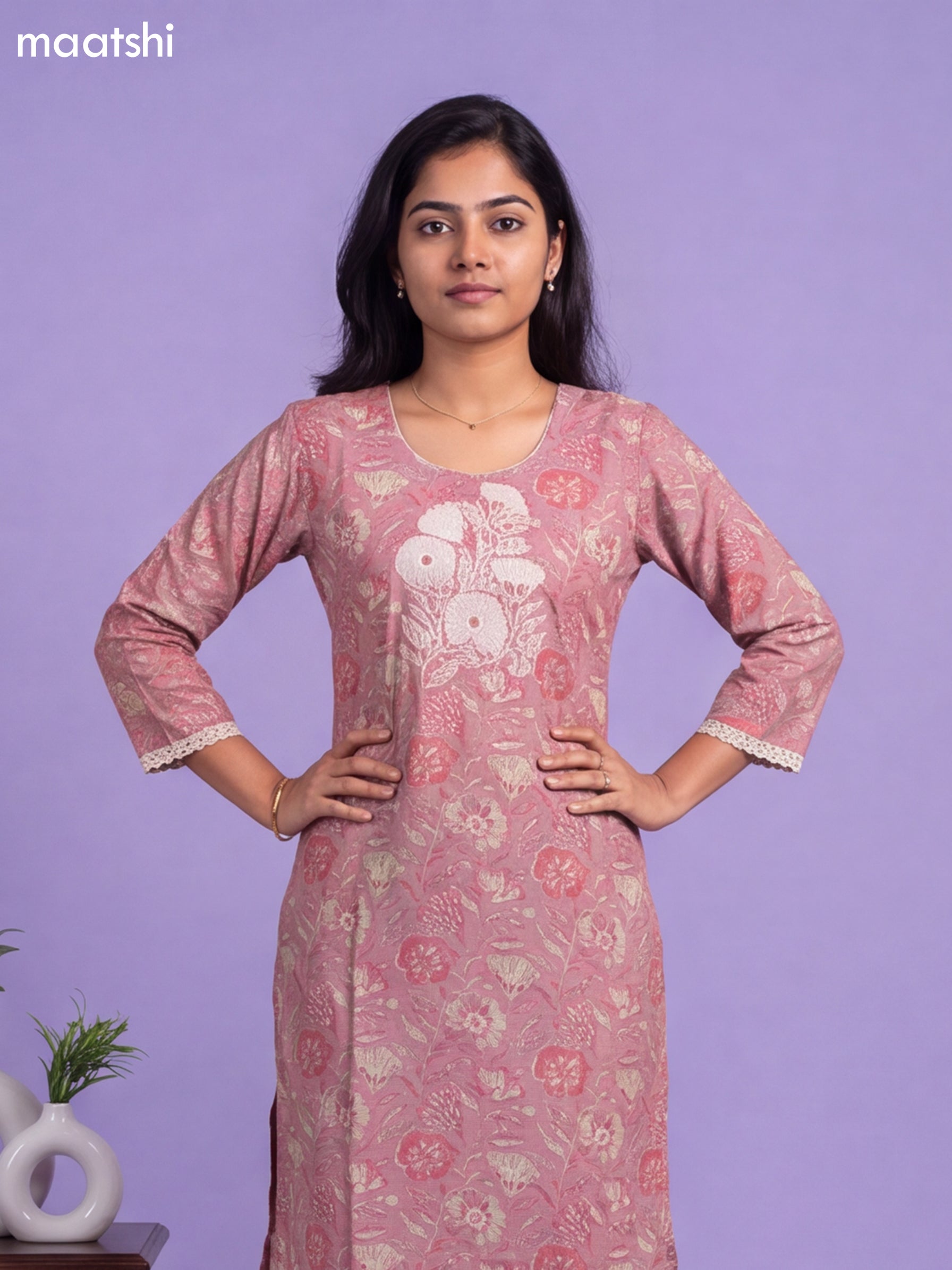 Mauve Pink Modal Printed & Embroidery Work Straight Cut Kurti