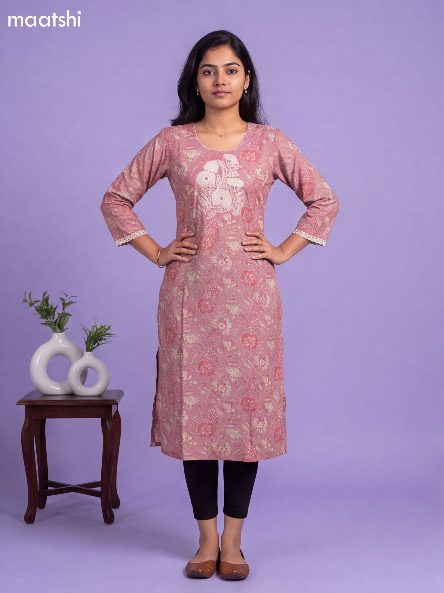 Mauve Pink Modal Printed & Embroidery Work Straight Cut Kurti