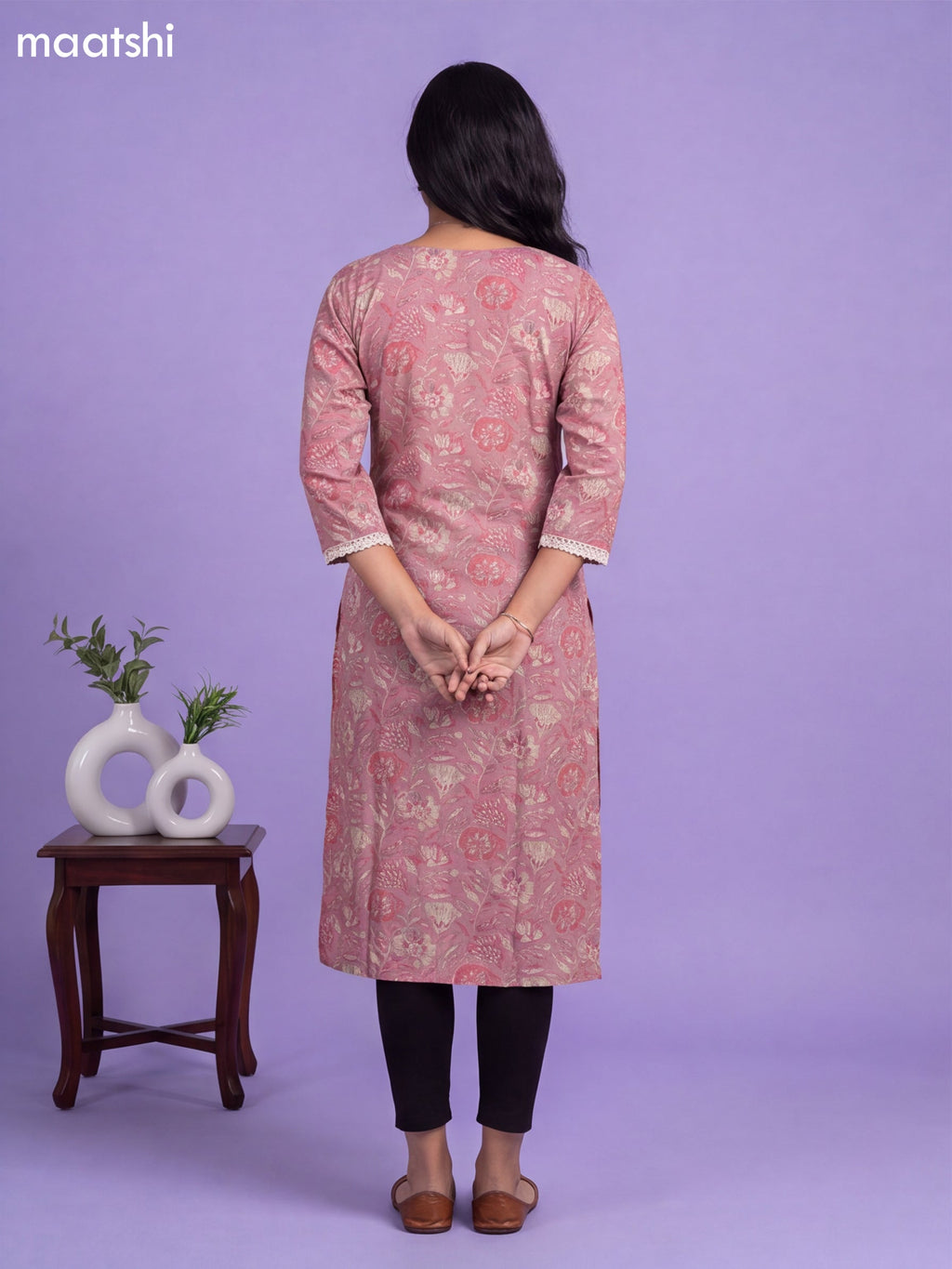 Mauve Pink Modal Printed & Embroidery Work Straight Cut Kurti